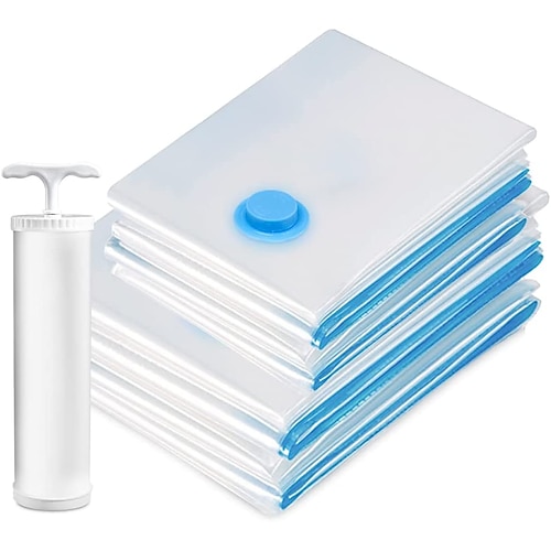 5er-Pack Vakuumbeutel für unterwegs mit Pumpe, verschließbare Beutel für Kleidung und Decken, Aufbewahrungsbeutel mit Ventil, transparenter Rand, faltbar, komprimierter Organizer, platzsparend, verschließbares Paket Image