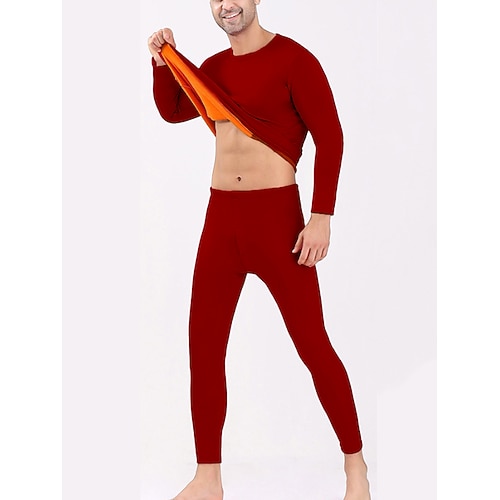 Herren Thermounterwäsche Schlafanzüge Thermounterwäsche Set 2 Stück Glatt Warm Modisch Brautkleider schlicht Heim Täglich Bett Polyester Vlies Komfort Warm Weich Rundhalsausschnitt Langarm T Shirt Image