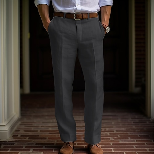 Herren Leinenhosen Hose Anzughose Sommerhose Knöpfe Fronttasche Gerader Schnitt Einfach Komfort Atmungsaktiv Lässig Täglich Ferien Mode Basic Schwarz Weiß Image