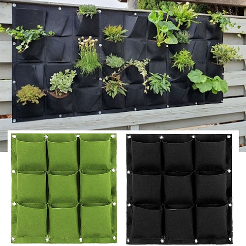 9 vertikale Taschen für den Garten, Pflanzbeutel zum Aufhängen, Pflanztöpfe, grün, schwarz, Pflanzgefäß, Gemüsegartenzubehör Image