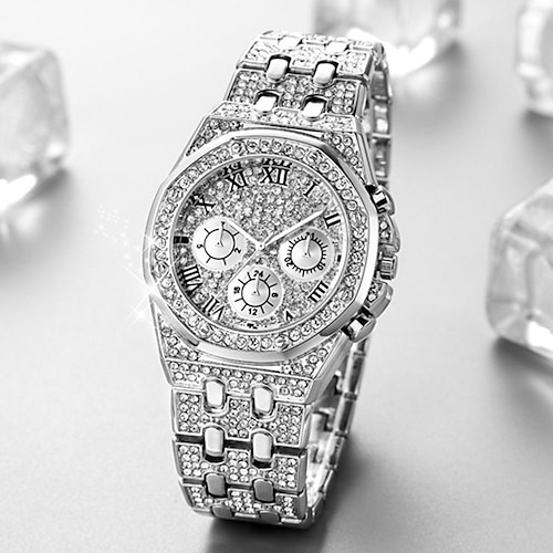 Herren Quarz uhr Großes Ziffernblatt Strass Geschäftlich Chronograph Dekoration Edelstahl Beobachten Image