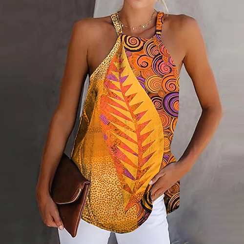 Damen Spaghettiträger Top Boho Roter Blattdruck Grafik Halterneck Ärmellos Tank Ethnisch Sommer Stylisch Freizeit Spaghettiträger Top Image