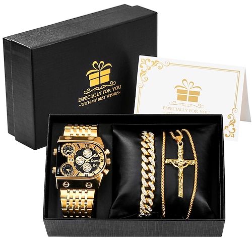 Herren Quarz Uhr Set Geschäfts Herren Armbanduhr Geschenkset Luxus Gold Kette Armband Edelstahlband Quadrat Ziffernblatt Valentinstagsgeschenk