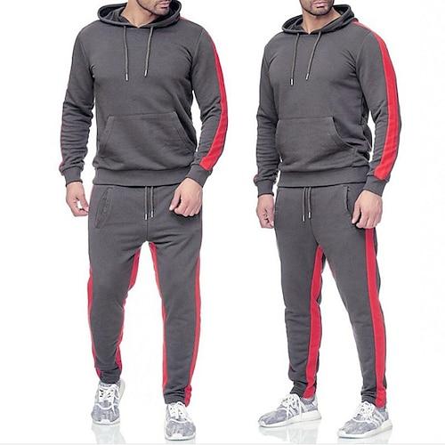 Herren Trainingsanzug Jogginganzug Sportbekleidungsset Hoodie Sweatshirt Kapuze Jogginganzüge Schwarz Weiß Gelb Rote Dunkelgray Mit Kapuze Feste Farbe Streifen Sport Natur Ausgehen Sportbekleidung