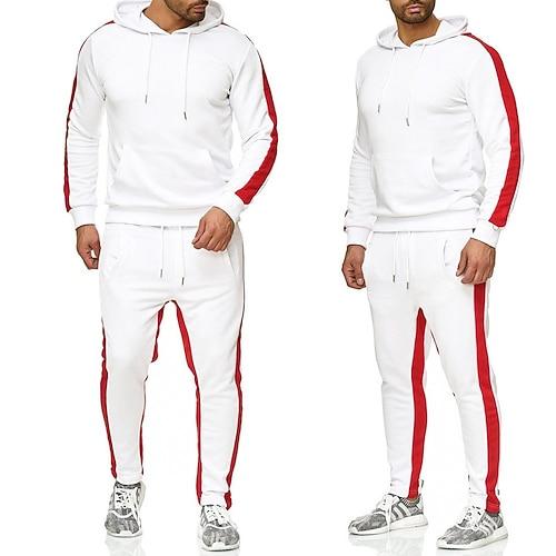 Herren Trainingsanzug Jogginganzug Sportbekleidungsset Hoodie Sweatshirt Kapuze Jogginganzüge Schwarz Weiß Gelb Rote Dunkelgray Mit Kapuze Feste Farbe Streifen Sport Natur Ausgehen Sportbekleidung