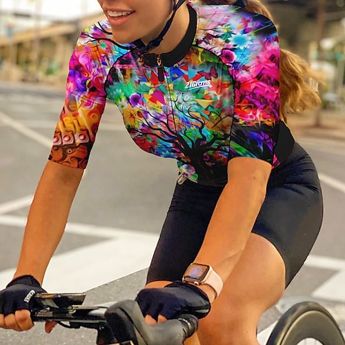 Damen Radtrikot Baum Kurzarm Fahhrad Trikot Oberteil mit 3 Gesäßtaschen Mountainbike MTB Straßenradsport Schnelltrocknend Reflektierende Streifen Rückentasche Feuchtigkeitsableitend Sport Gelb Rot Image