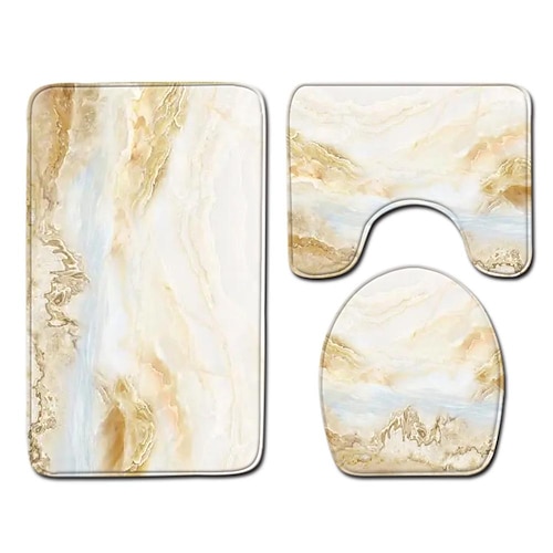 3er-Set Badematten, rutschfeste Badezimmermatte, U-förmiger Konturenteppichamp;Toilettendeckelbezug, Badematte mit Marmorstruktur, rutschfestamp;weicher, saugfähiger Polyesterteppich Image