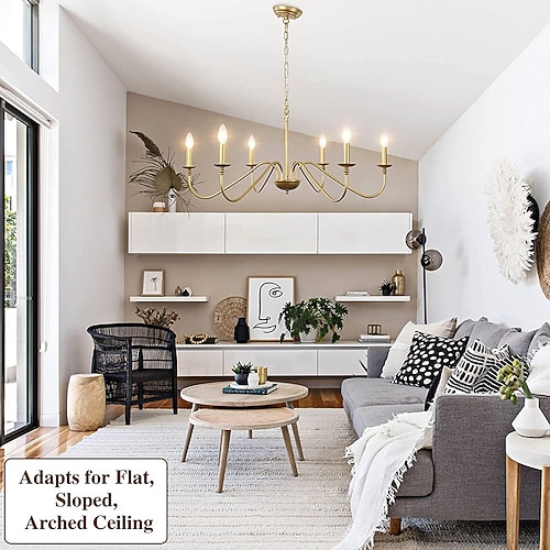 Gold-Kronleuchter, 6-flammig, moderner Bauernhaus-Kronleuchter aus Messing, klassischer Kerzen-Deckenpendelleuchte aus Schmiedeeisen für Esszimmer, Wohnzimmer, Küche, Inseleingang, Treppenhaus, Image