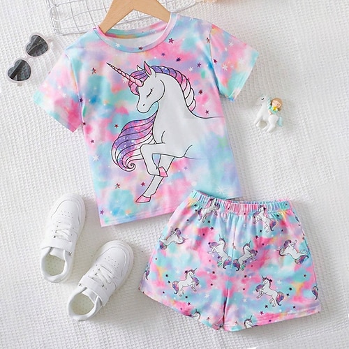 3D-Einhorn-T-Shirt für Mädchen Shorts-Pyjama-Set, rosa, kurzärmelig, 3D-Druck, Sommer, aktiv, modisch, niedlich, Polyester, für Kinder von 3–12 Jahren, Rundhalsausschnitt, für Zuhause, Freizeit, Image