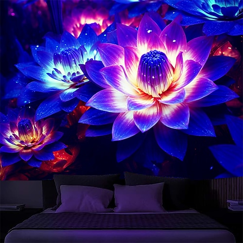 Schwarzlicht Wandteppich UV reaktiv im Dunkeln leuchtend Party Neon Lotusblume Natur psychedelisch trippig neblig hängender Wandteppich Wandbild fürs Wohnen Image
