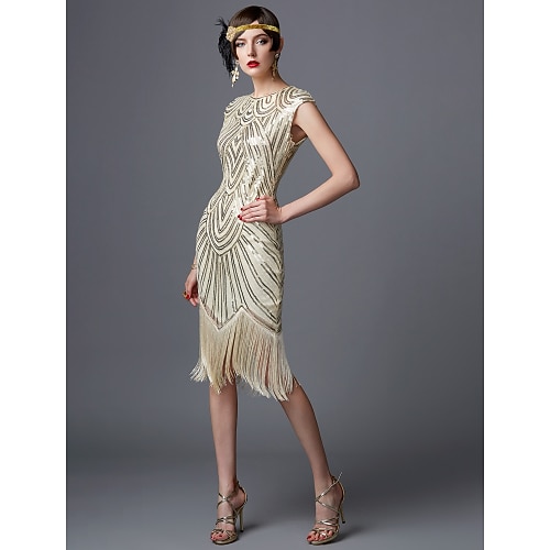 Goldene Zwanziger 1920er Abschlussballkleid Knielang Flapper Kleid Kleid Cocktailkleid Cap-Ärmel Der große Gatsby Charleston Hochzeitsgast Pailletten Quastenfransen Einfarbig Rundausschnitt Kostüm Image