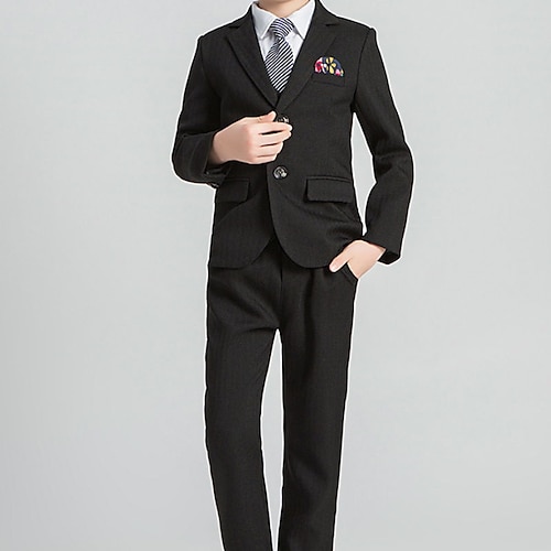 4 Stück Ring-Träger Anzug Jungen kinderkleidung Anzug Formeller Anzug Anzug Blazer Kleidungsset Schulanfang Formal Modisch Basic Ausgefallene Streifen Patchwork Schwarz Grau Baumwolle Image