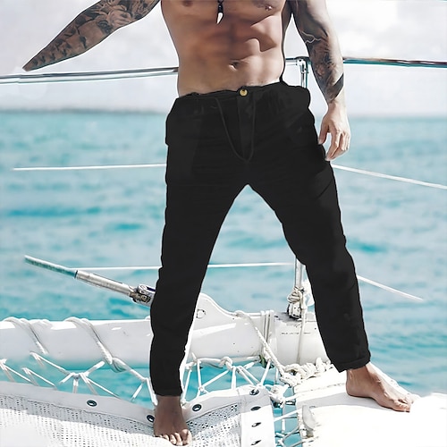 Herren Leinenhose Hose Hosen Sommerhosen Strandhose Vordertasche Gerade geschnitten Glatt Komfort Atmungsaktiv Casual Täglich Festtage Modisch Basic Schwarz Weiß Image