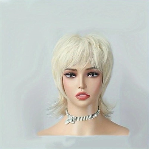 Kurze blonde Perücke, zottelig, geschichtet, 80er-Jahre-Vokuhila-Perücke, Pixie-Schnitt-Perücke mit Pony, lockiges, synthetisches, natürliches Kunsthaar, Ersatzperücken für Frauen, tägliche Party,