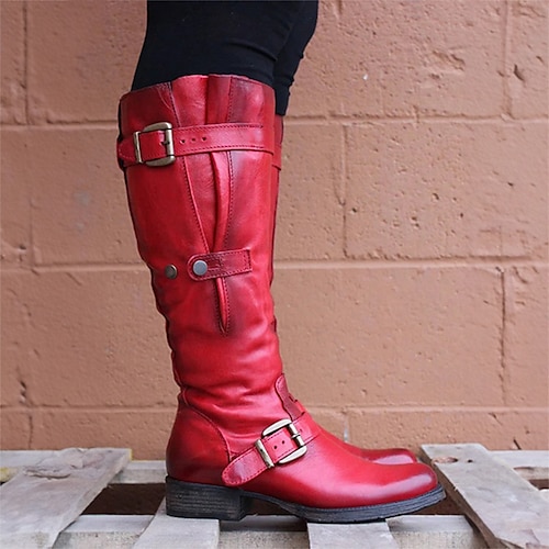 Lilafarbene kniehohe Stiefel aus Kunstleder für Damen mit Schnallenriemen und seitlichem Reißverschluss, Motorradstiefel im Vintage-Stil für den Außenbereich und die Freizeit Image