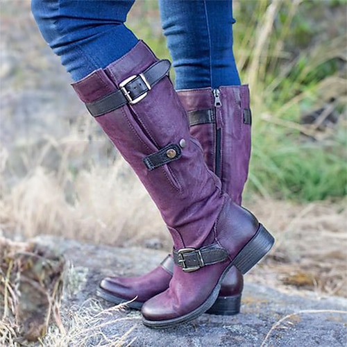 Lilafarbene kniehohe Stiefel aus Kunstleder für Damen mit Schnallenriemen und seitlichem Reißverschluss, Motorradstiefel im Vintage-Stil für den Außenbereich und die Freizeit Image