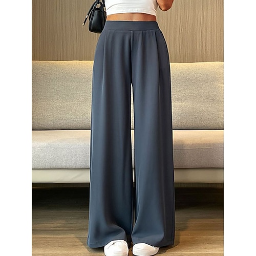 Damen Weites Bein Anzughose Hosen Hose Baggy-Hosen Elegant Mode Streetwear Volle Länge Hohe Taille Einfach Maillard Tasche Baggy Hoher Schnitt Komfort Atmungsaktivität Weich Mikroelastisch Geschäft Image