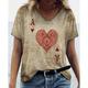 Damen T Shirt Braun Graphic Herz Bedruckt Kurzarm Täglich Wochenende Basic Vintage V Ausschnitt Standard Farbe S