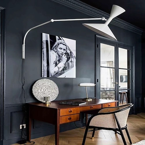 Schwenkarm-Wandleuchte mit Stecker in drehbarem Schwarz, schwarze moderne Wandleuchten mit Ein-/Aus-Kabel für Schlafzimmer, Wohnzimmer Image