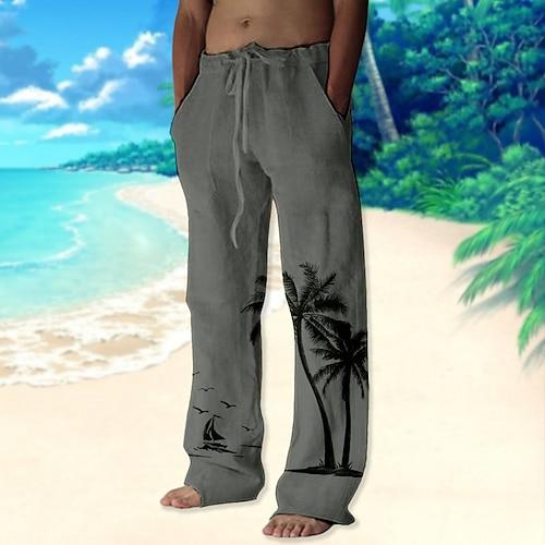 Herren Hose Hosen Sommerhosen Strandhose Kordelzug Elastische Taille Gerade geschnitten Kokosnussbaum Grafik-Drucke Komfort Casual Täglich Festtage Strassenmode Hawaiianisch Weiß Braun