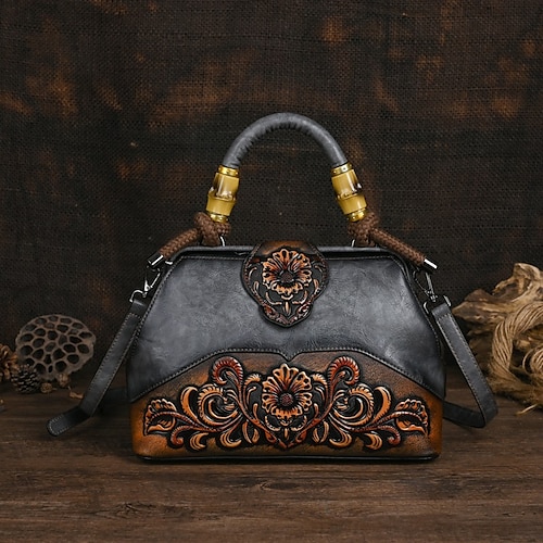 Damen Handtasche Umhängetasche Schultertasche Boston-Tasche PU-Leder Party Täglich Ferien Geprägt Großes Fassungsvermögen Leicht Langlebig Farbblock Blume Folk Dunkelbraun Weinrot Armeegrün