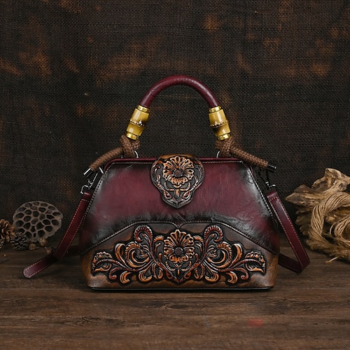Damen Handtasche Umhängetasche Schultertasche Boston-Tasche PU-Leder Party Täglich Ferien Geprägt Großes Fassungsvermögen Leicht Langlebig Farbblock Blume Folk Dunkelbraun Weinrot Armeegrün