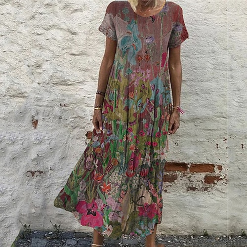 Damen Maxikleid Freizeitkleid Shiftkleid Vintage Basic Urlaub Täglich Wochenende Normale Passform Blumen Kurzarm Rundhalsausschnitt Wein Blau Grün Sommer Frühling Image