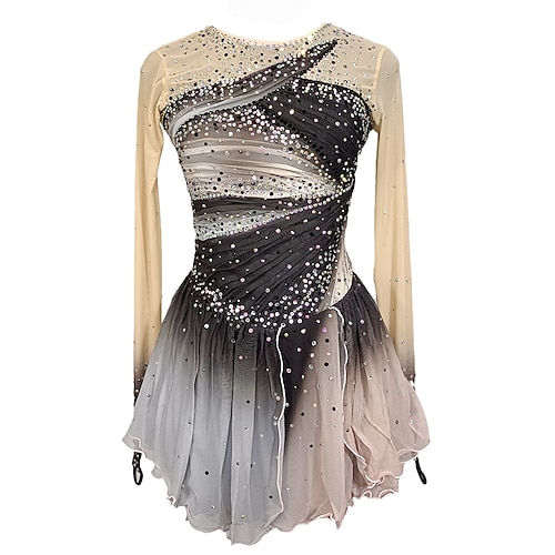 Eiskunstlaufkleid Damen Mädchen Eislaufen Kleider Grau Patchwork Daumenloch Gitter Spandex elastisch Ausbildung Praxis Professionell Eiskunstlaufkleidung Kristalle Langarm Eiskundstlauf Image