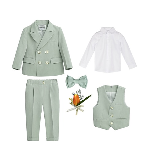 4 Stück 5 Wurzeln Ring-Träger Anzug Jungen kinderkleidung Anzug Formeller Anzug Anzug Blazer Shirt Hose Casual Modisch Täglich Feste Farbe Rosa Blau Grün Baumwolle Image