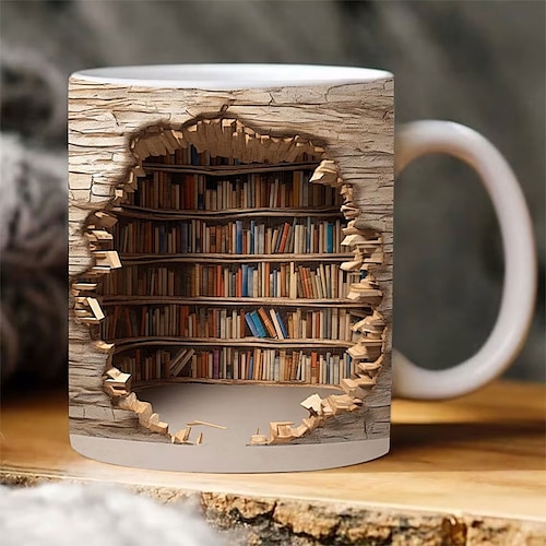 3D Bücherregal Tasse, Keramik Tasse, Bibliothek Bücherregale Loch in einer Wand Tasse, Buchliebhaber Kaffeetasse, coole Büchergeschenke für Leser Weihnachten Weihnachtsgeschenk Image