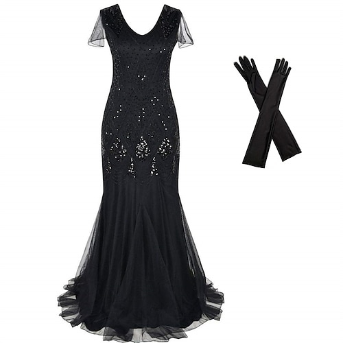 Goldene Zwanziger 1920er Bodenlang Abendkleid Outfits Zubehörset Kurze Ärmel Der große Gatsby Hochzeitsgast Pailletten Pailletten V Ausschnitt Kostüm Damen Karneval Maskerade Karneval Image