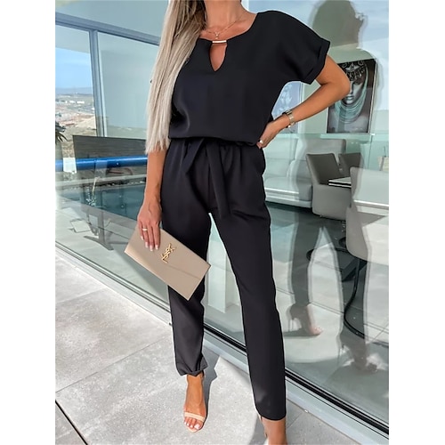 Damen Normal Jumpsuit Elegant Feste Farbe Kurzarm Rundhalsausschnitt mit Schnürung Hohe Taillenlinie B¨¹ro Arbeit Lockere Passform Schwarz Rosa Fuchsie Sommer