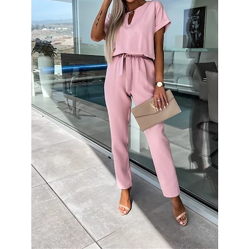Damen Normal Jumpsuit Elegant Feste Farbe Kurzarm Rundhalsausschnitt mit Schnürung Hohe Taillenlinie B¨¹ro Arbeit Lockere Passform Schwarz Rosa Fuchsie Sommer