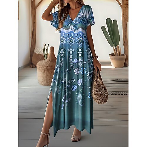 Damen Maxi Kleid Vintage Kleid Lässiges Kleid Freizeitkleid Vintage Ethnisch Tribal Drop Shoulder Urlaub Straße Feiertag Reguläre Passform Tribal Kurzarm V-Ausschnitt Weiß Blau Lila Khaki