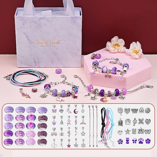Charm-Armband Bastelset - Mädchen DIY Perlen Schmuck Bastelset Einhorn Meerjungfrau Geschenke Spielzeuge Bastel für Mädchen Geburtstagsgeschenk Festival Neujahr mit rosa Geburtstagsgeschenkbox Image