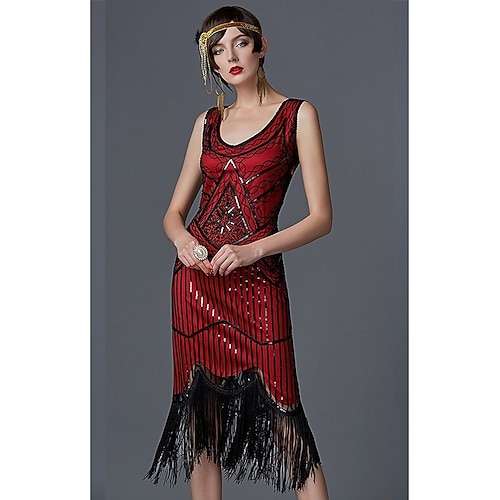 Goldene Zwanziger 1920er Retro Vintage Knielang Flapper Kleid Kleid Abschlussballkleider Ärmellos Der große Gatsby Charleston Hochzeitsgast Pailletten Patchwork V Ausschnitt Kostüm Damen Weihnachten Image