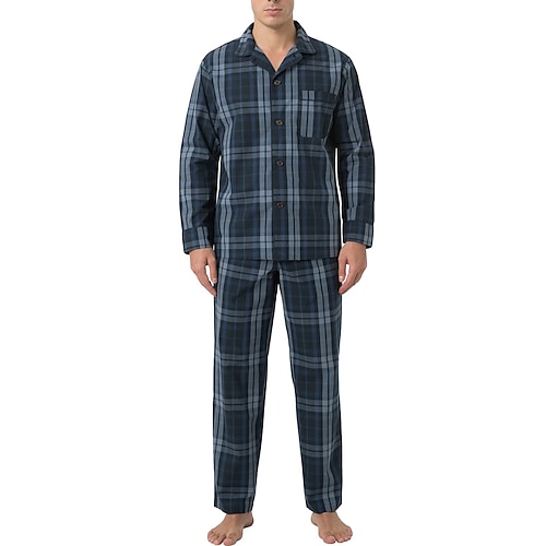 Herren Hausanzug Schlafanzüge Schlafanzug Set Pyjama-Oberteil und Hose 2 Stück Plaid Stilvoll Brautkleider schlicht Komfort Heim Täglich Baumwolle Komfort Kargen Langarm Hemd Hose Kordelzug Image