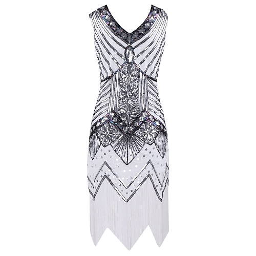 Goldene Zwanziger 1920er Wilde Zwanziger Knielang Flapper Kleid Kleid Halloween Kostüme Ärmellos Der große Gatsby Charleston Hochzeitsgast Pailletten Spitze Patchwork V Ausschnitt Kostüm Damen Image