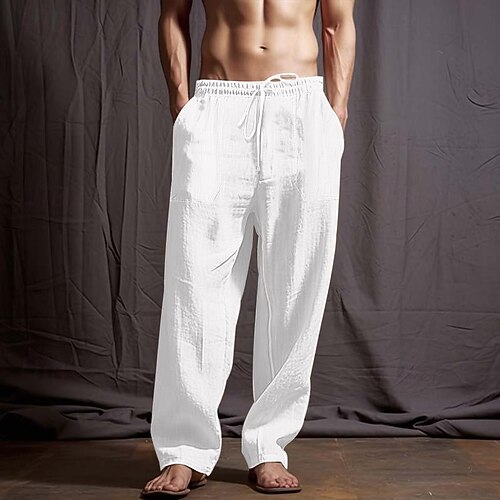 Herren Hose Sommerhose Strandhose Kordelzug Elastischer Bund Gerader Schnitt Einfach Komfort Atmungsaktiv Lässig Täglich Ferien Mode Klassicher Stil Weiß Armeegrün Image