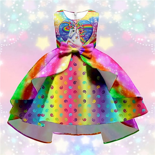 kinderkleidung Mädchen Kleid Party Kleid Tier Regenbogen Einhorn Ärmellos Formal Rüsche Rundhalsausschnitt Elegant Schön Polyester Knielang Schaukelkleid A Linie Kleid Herbst Winter 3-10 Jahre Purpur Image