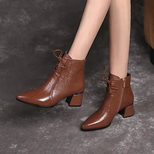 Damen Stiefeletten aus Kunstleder mit spitzer Spitze, Blockabsatz und seitlichem Reißverschluss – elegante Schnürstiefelette fürs Büro, Herbstoutfits und die Abendgarderobe