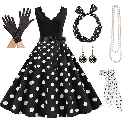 Elegante Retro Vintage 1950er Jahre Grease-Outfits A-Linien-Kleid Swing-Kleid Flair-Kleid Polka-Dots Fancies Kleid Damen Party Abend Erwachsenen Kleid Handschuhe Ohrringe Image