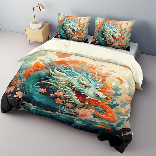 3D-Bettwäsche mit Drachendruck, Bettbezug, Bettwäsche-Sets, Bettbezug mit 1 bedruckter Bettbezug oder Bettdecke, 2 Kissenbezüge für Doppelbett/Queen/King Image