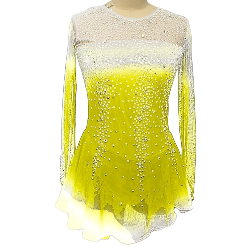 Eiskunstlaufkleid Damen Mädchen Eislaufen Kleider Austattungen Weiß Gelb Rosa Halo-Färbung Gitter Spandex Hochelastisch Wettbewerb Eiskunstlaufkleidung Kristalle Langarm Eislaufen Eiskundstlauf Image