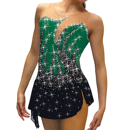 Eiskunstlaufkleid Damen Mädchen Eislaufen Kleider Austattungen Schwarz Weiß Gelb Gitter Spandex Hochelastisch Ausbildung Praxis Wettbewerb Eiskunstlaufkleidung Kristalle Ärmellos Eislaufen Image