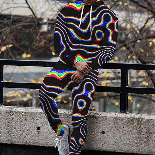 Herren Grafik Abstrakt 2St 3D Sweatshirt-Sets Kapuzensweatshirt Trainingsanzug Langarm Lange Hosen Mit Kapuze Mode Streetwear Lässig Täglich Sport Ausgehen 3D-Druck Frühling Herbst Schwarz Weiß Image