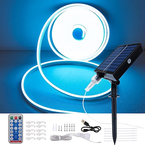 Neonlicht mit Solar-LED-Beleuchtung, SMD2835-Solarchips, Fernbedienung, 8 Farbmodi, USB-Ladefunktion, 1000-mAh-Akku, IP67 wasserdicht, für den Außenbereich, automatische Zeitschaltuhr Image