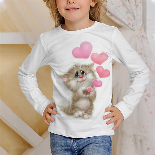 Mädchen 3D Tier Katze T-Shirt Langarm 3D-Druck Herbst Winter Aktiv Sport Modisch kinderkleidung 3-12 Jahre Outdoor Täglich Innen Regular Fit Image
