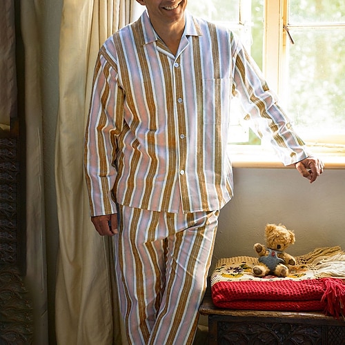 Herren Hausanzug Schlafanzüge Schlafanzug Set Pyjama-Oberteil und Hose 2 Stück Streifen Stilvoll Brautkleider schlicht Komfort Heim Täglich Baumwollmischung Komfort Kargen Langarm Hemd Hose Kordelzug Image