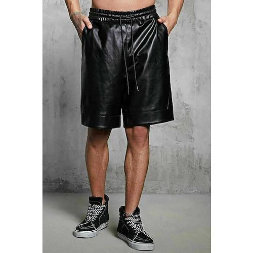 Herren Shorts Freizeitshorts Kunstleder-Shorts Kordelzug Elastischer Bund Einfach Atmungsaktiv Weich Lässig Nachtclub Clubwear Mode Streetwear Schwarz Mikroelastisch